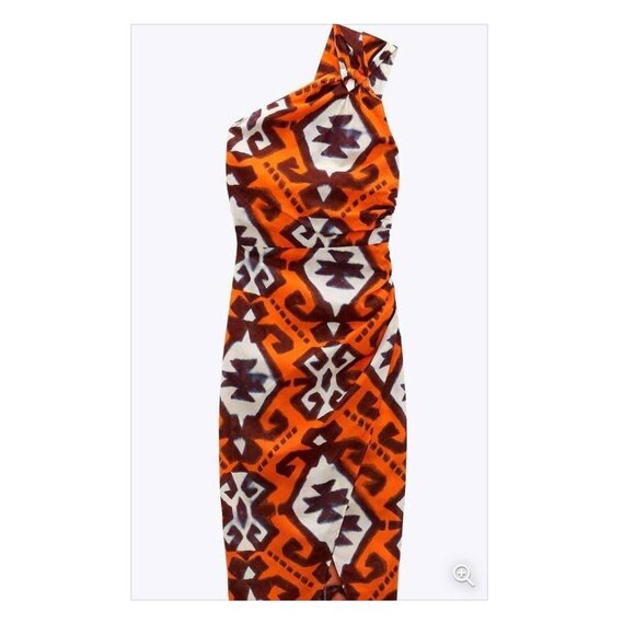 NWOT ZARA MULTICOLOURED PRINTED DRESS WITH ASYMMETRIC HEM Orange - Picture 9 of 13
